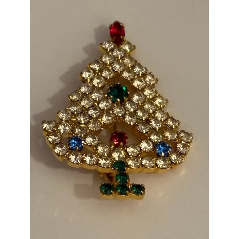 Vintage Rhinestone Christmas Tree Brooch Gold Tone 2”